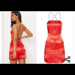 Red satin oriental lace up backless dress